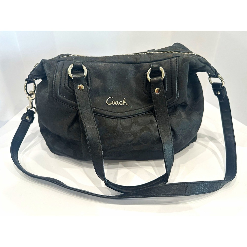 Coach F21905 Black Signature C Satchel Shoulder Bag Crossbody Leather Trim
